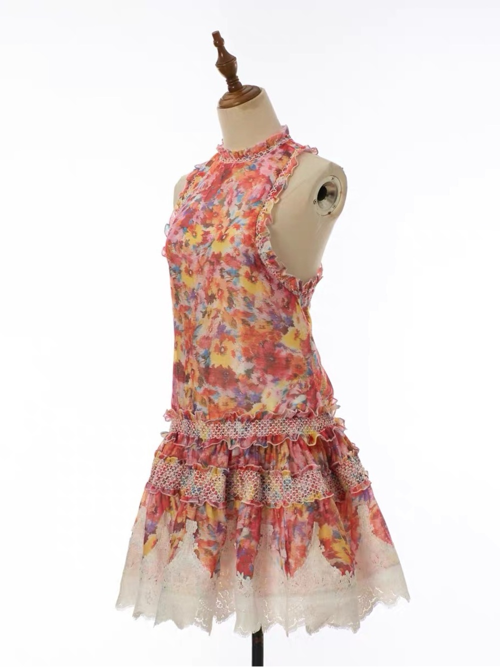 Designer Sleeveless Pink Floral Ruffle Mini Dress - Picture 2 of 12